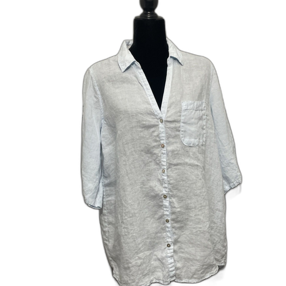 Sigrid Olsen Blue Linen Button Front Shirt Women’s L 3/4 Sleeve Resort Coastal